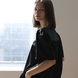Square neck color block puff sleeve blouse