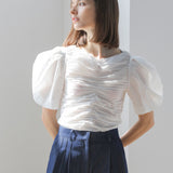 Slim fit shirring white blouse