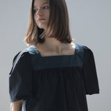 Square neck color block puff sleeve blouse