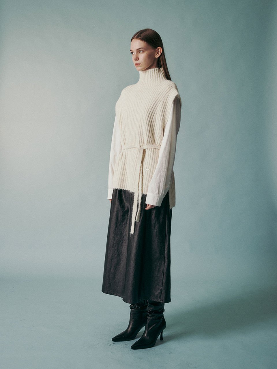 Wool blend tie-waist knit vest ivory - fasfas