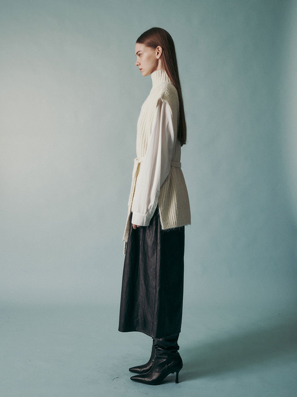 Wool blend tie-waist knit vest ivory - fasfas