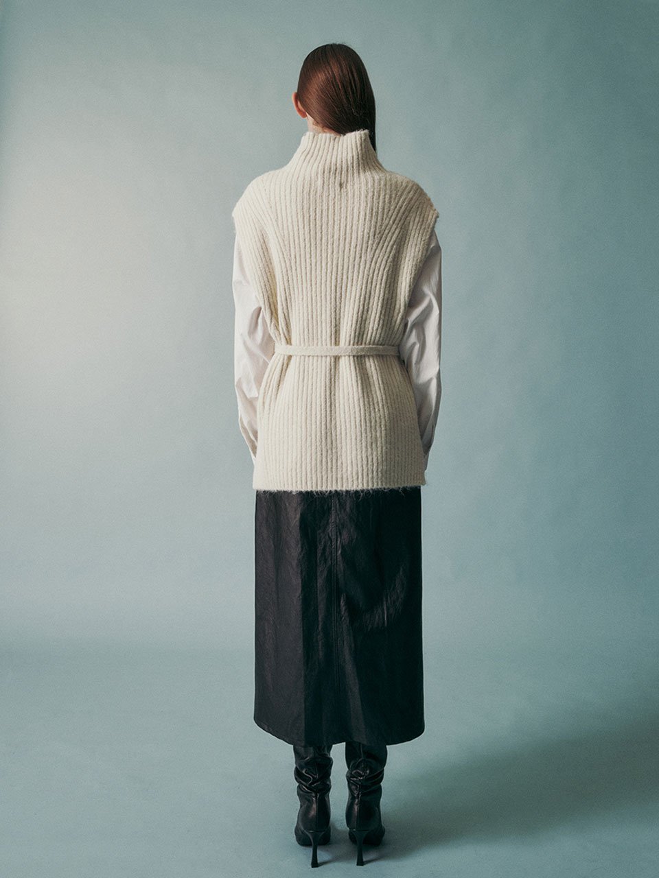 Wool blend tie-waist knit vest ivory - fasfas