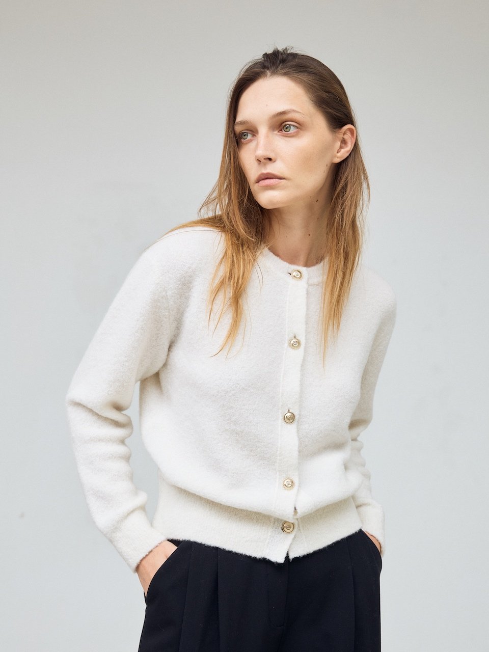 Boucle cardigan ivory – italy cashmere 90% - fasfas