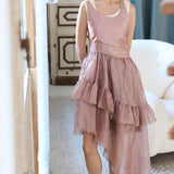 Sleeveless layered asymmetric tiered long dress indie pink