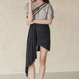 Asymmetric coloring linen blouse