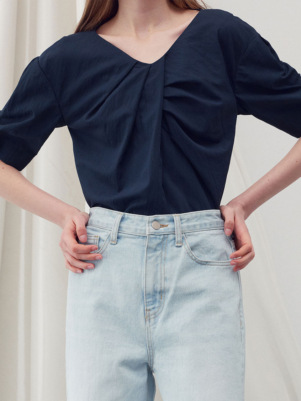 V neck draped blouse top - fasfas