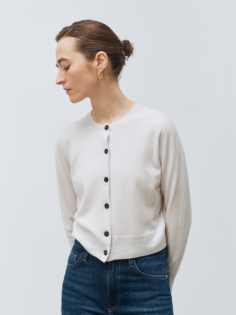 Italy cashmere 20% – crew-neck mini cardigan ivory - fasfas