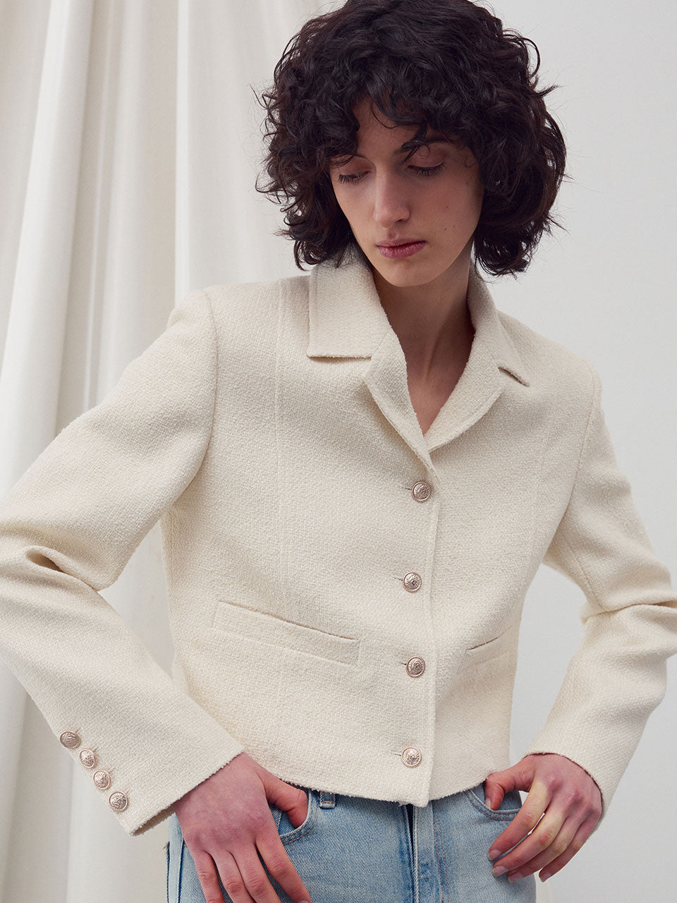 Wool-blend tweed jacket cream - fasfas