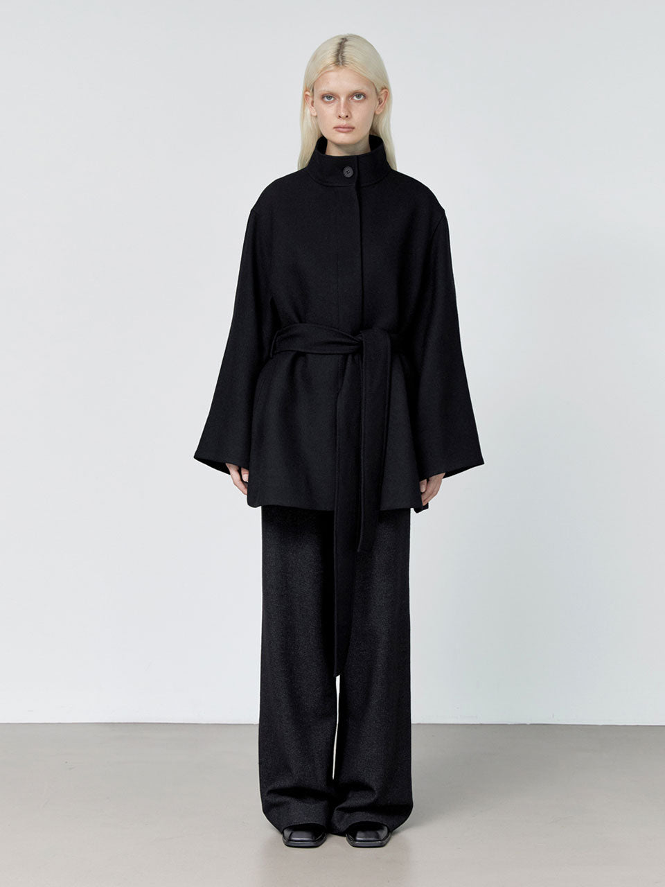 Zaha stand collar belted coat black - fasfas