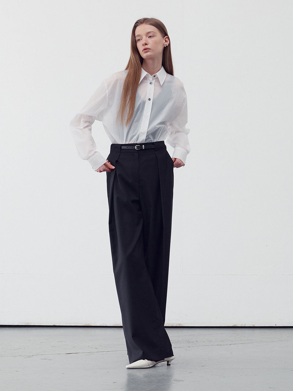Belt waist detail wide leg trousers black - fasfas