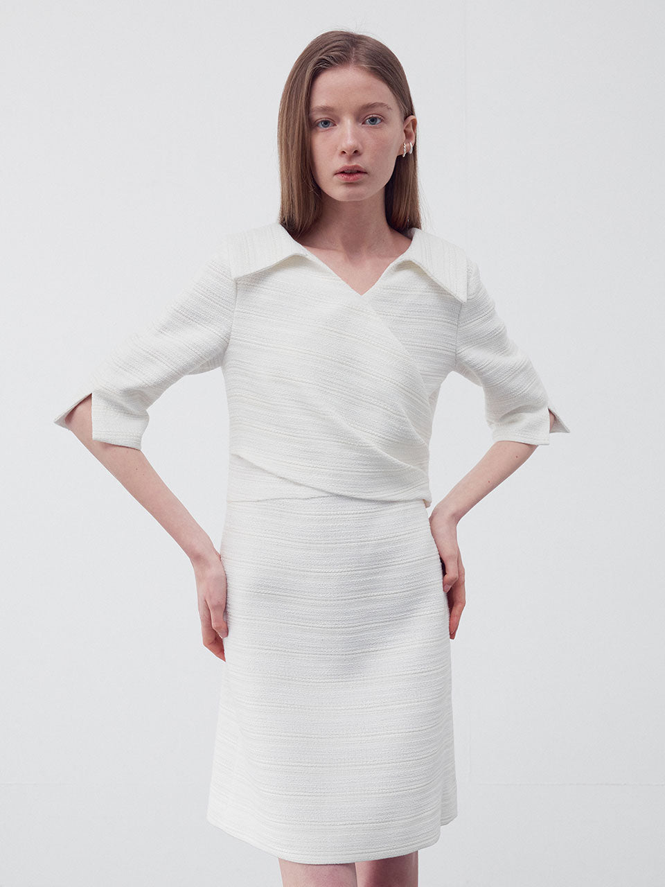 Wrap front tweed dress white - fasfas