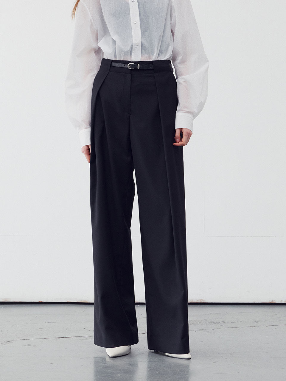 Belt waist detail wide leg trousers black - fasfas