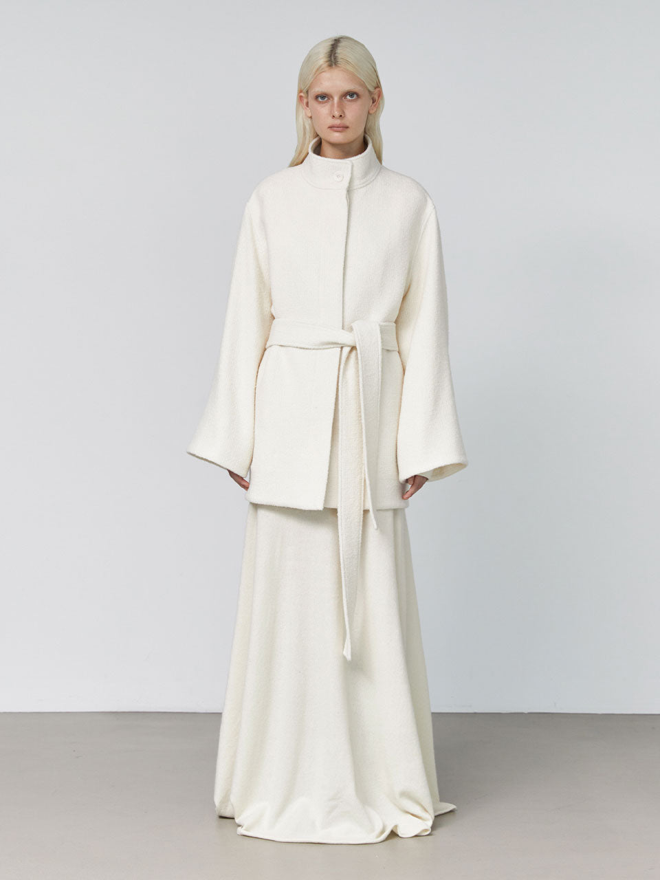 Zaha stand collar belted coat ivory - fasfas