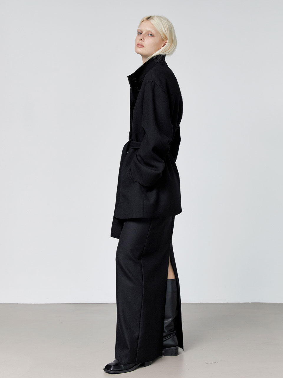 Zaha stand collar belted coat black - fasfas