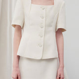 Square neck half sleeves tweed jacket ivory - fasfas