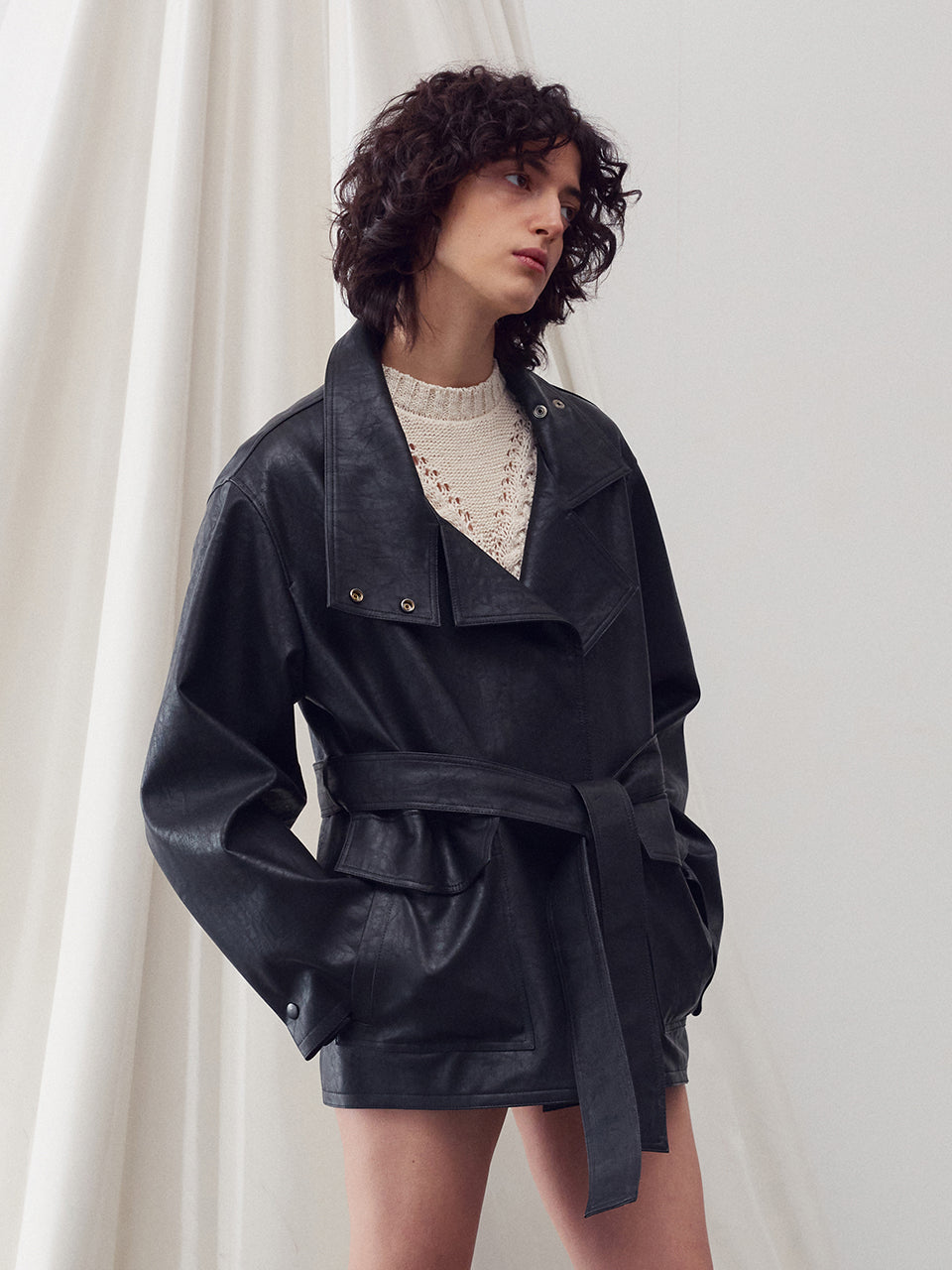 Funnel neck tie waist vegan leather jacket - fasfas