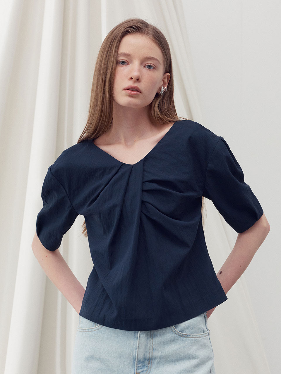 V neck draped blouse top - fasfas
