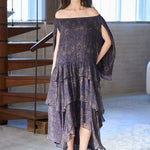 Paisley print off-shoulder asymmetric tiered maxi dress - fasfas