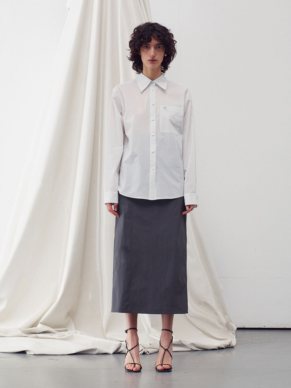 Embroidered stripe pocket shirt white - fasfas