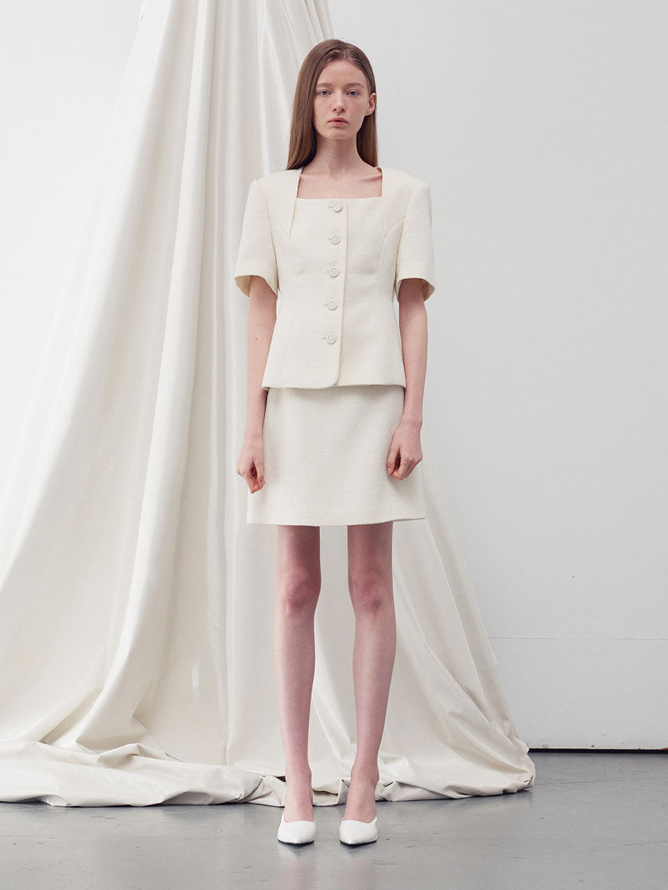 Square neck half sleeves tweed jacket ivory - fasfas