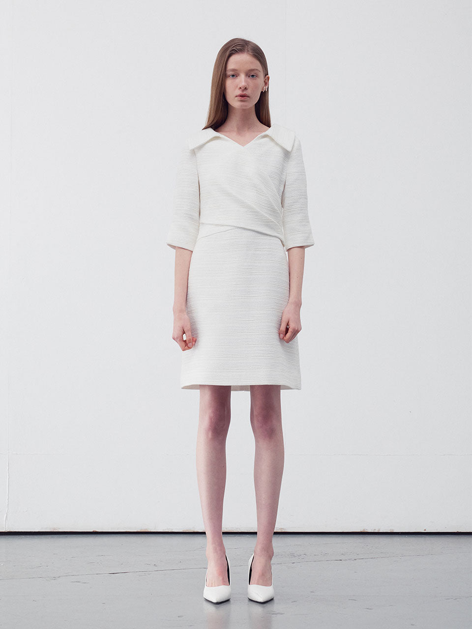 Wrap front tweed dress white - fasfas