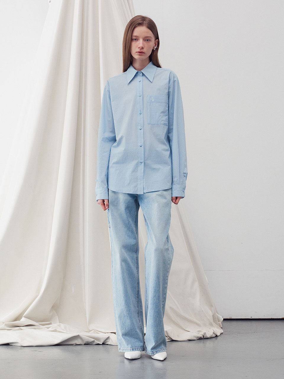 Embroidered stripe pocket shirt sky blue - fasfas