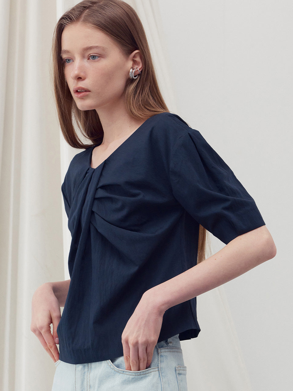 V neck draped blouse top - fasfas
