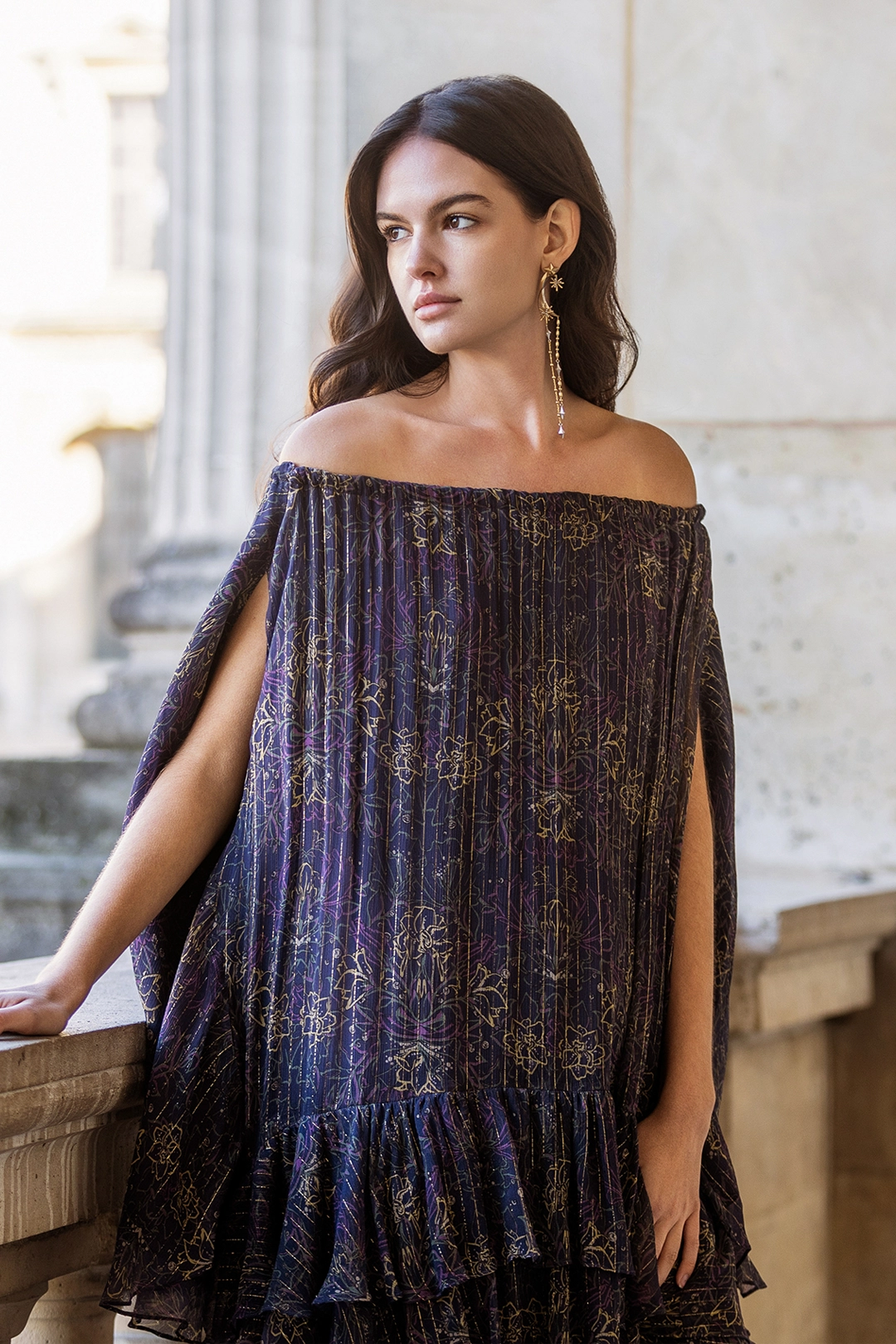 Paisley print off-shoulder asymmetric tiered maxi dress - fasfas