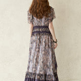 Flared sleeve leopard print silk tiered long dress