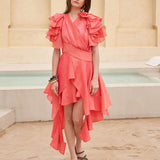 Layered sleeve wrap style asymmetric peplum blouse