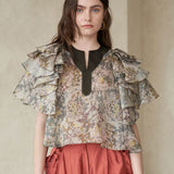 Layered sleeve slit-neck silk blouse