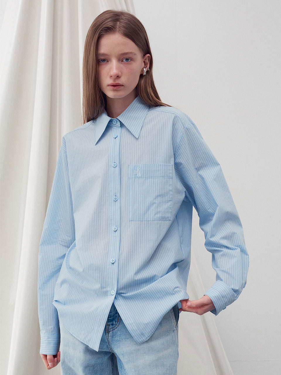 Embroidered stripe pocket shirt sky blue - fasfas