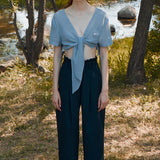 Knot front netted cropped cardigan sky blue