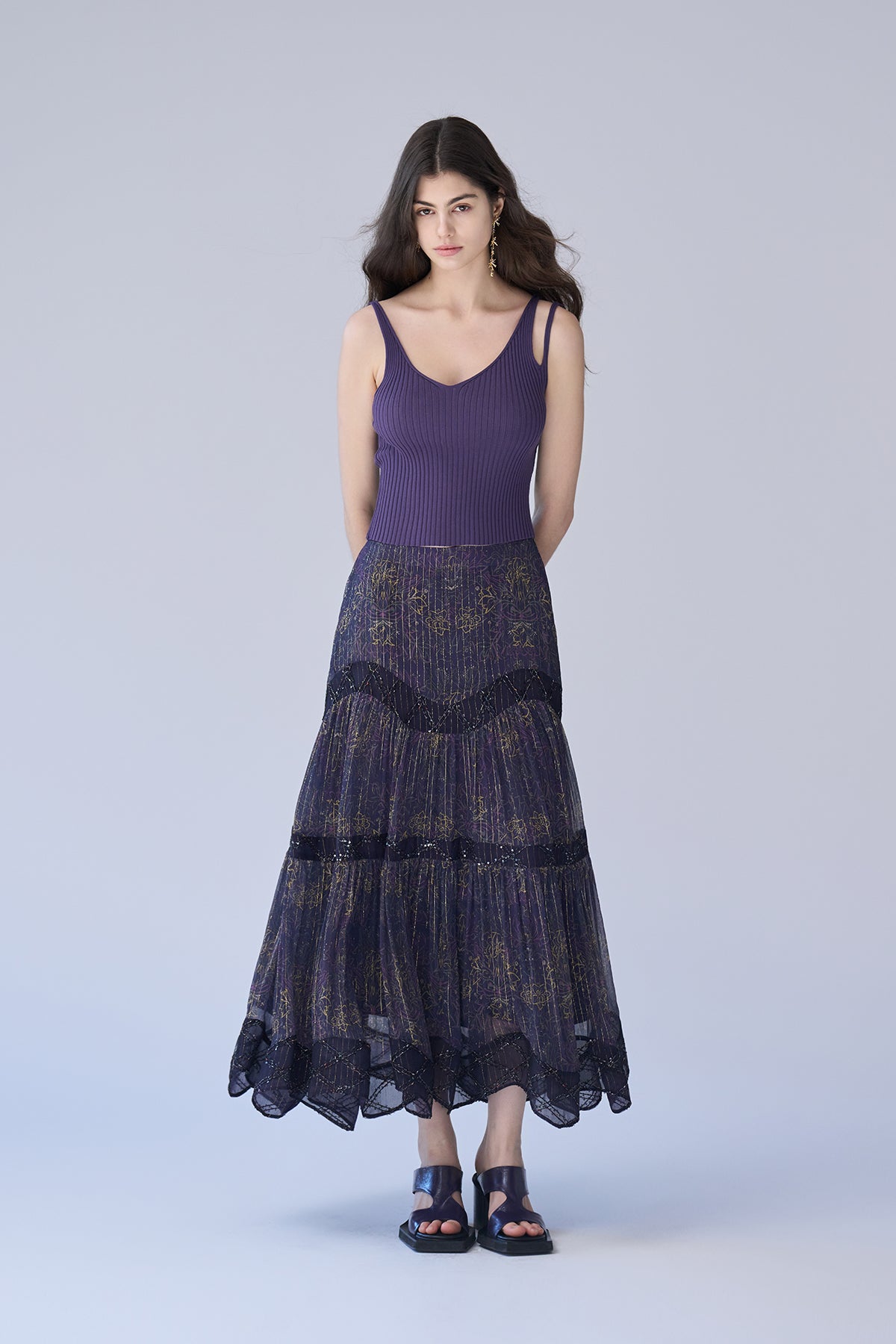 A-line silk tiered long skirt - fasfas