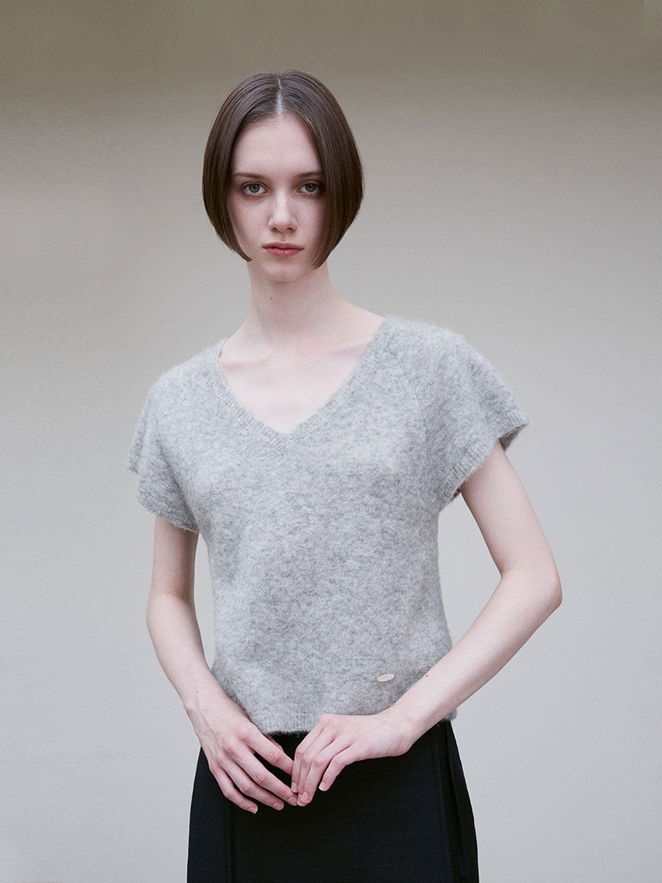 Alpaca wool blend v neck top soft gray - fasfas