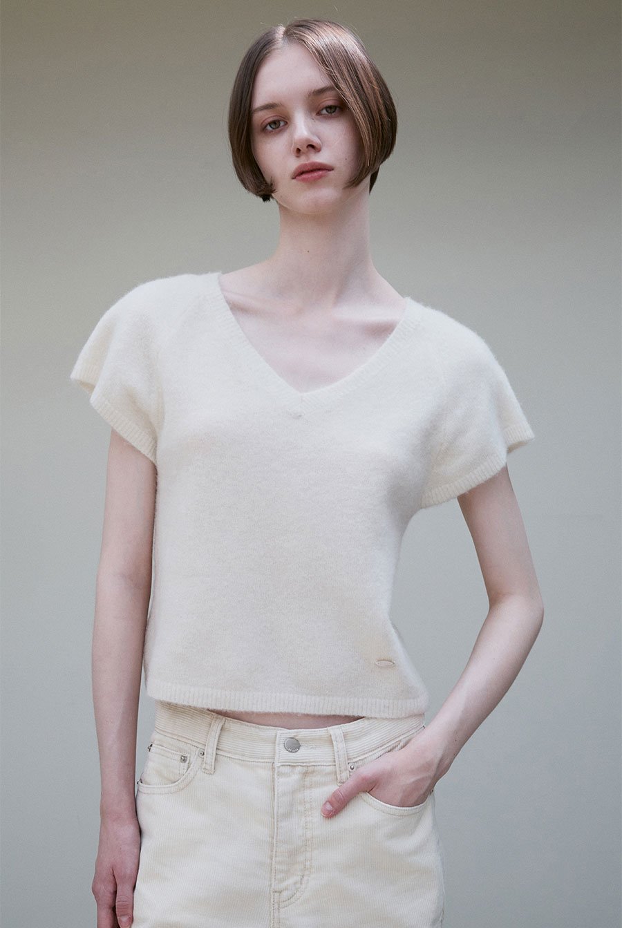 Alpaca wool blend v neck top ivory - fasfas