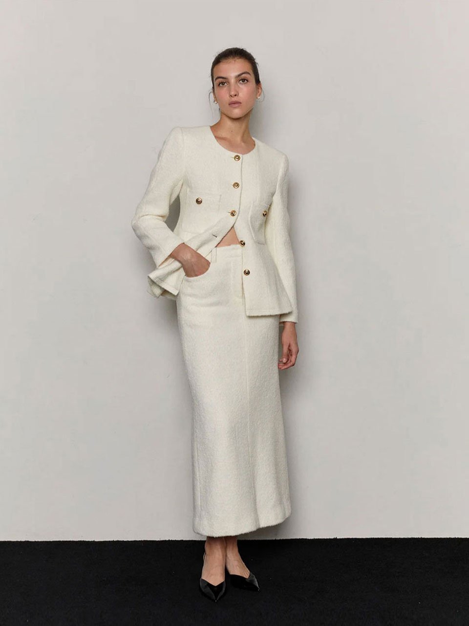 Alpaca wool blended boucle tweed maxi skirt ivory - fasfas