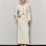 Alpaca wool blended boucle tweed maxi skirt ivory - fasfas