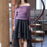 Asymmetric 3-tiered long skirt black - fasfas