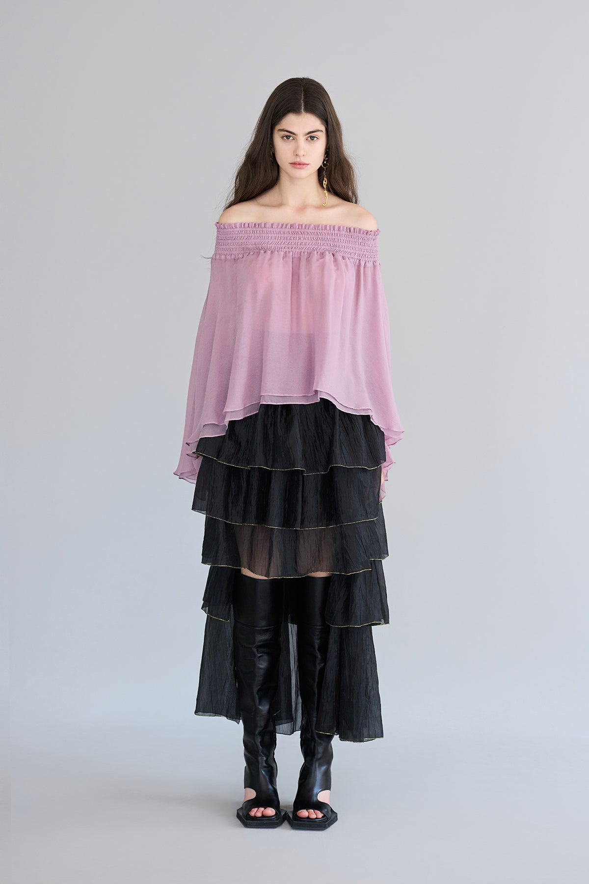 Asymmetric 5-tiered long skirt black - fasfas