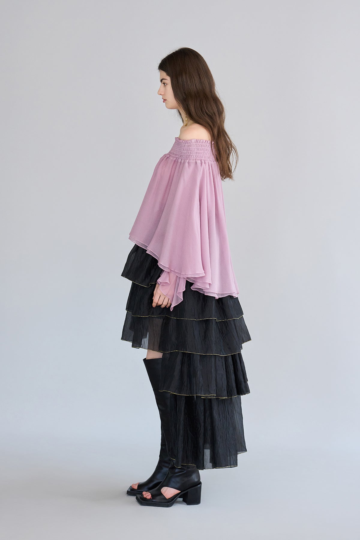 Asymmetric 5-tiered long skirt black - fasfas
