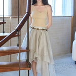 Asymmetric 3-tiered long skirt khaki - fasfas