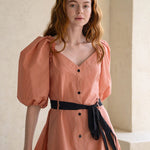 Ribbon puff sleeve a-line dress orange & beige - fasfas