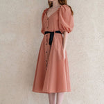 Ribbon puff sleeve a-line dress orange & beige - fasfas