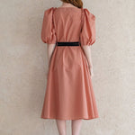 Ribbon puff sleeve a-line dress orange & beige - fasfas