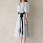 Ribbon puff sleeve a-line dress white & black - fasfas