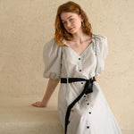 Ribbon puff sleeve a-line dress white & black - fasfas