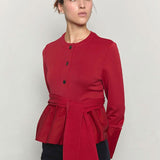 Bow belted jersey peplum blouse red