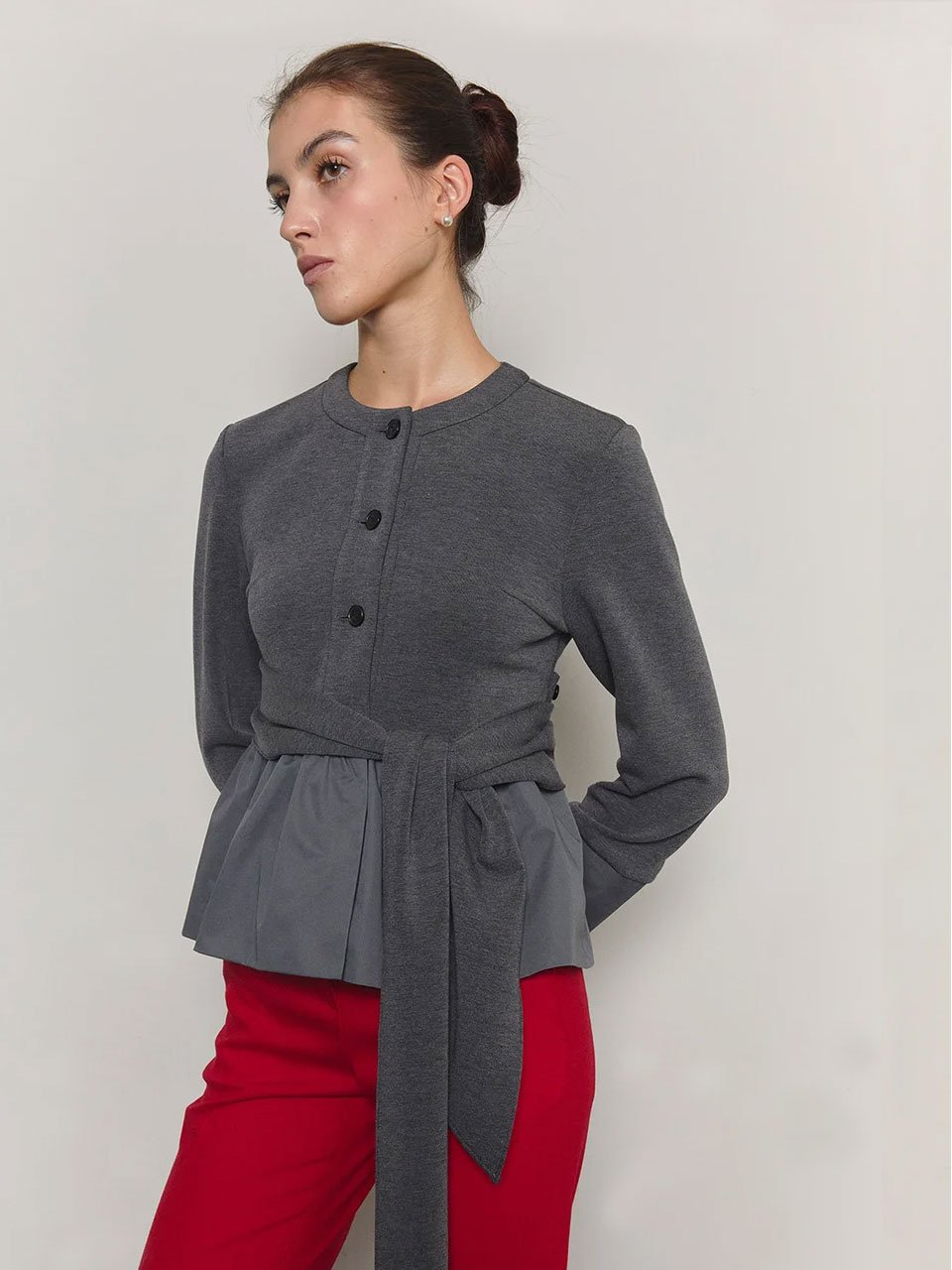 Bow belted jersey peplum blouse gray - fasfas