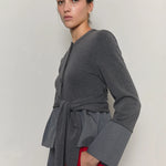 Bow belted jersey peplum blouse gray - fasfas